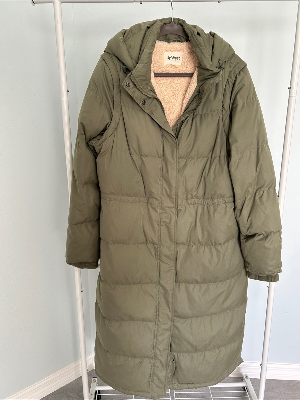 UpWest Olive Green Hooded Long Puffer Coat with Sherpa Trim